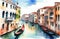 travelling in Italy, postcard. watercolor illustration of water canals with gondolas in Venice