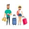 Travelling people waiting for airplane or train. Cartoon man and woman traveling together. Young cartoon couple go on