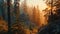 Traverse the mystique of an taiga landscape at sunset, featuring dense forests, ancient structures by AI generated