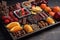tray of assorted chocolates, fruits, and nuts in variety of colors and shapes
