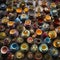 A tray of assorted herbal teas in colorful teacups with saucers and spoons1