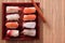 Tray assorted sushi chopsticks top view takeaway japanese food