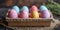 Tray box of colored eggs decorated with varying types of colors on wooden table
