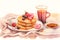 A tray of breakfast in bed with heart shaped pancakes Valentine Day background