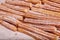 Tray of churros a star-shaped Mexican baked pastry coated in cinnamon sugar