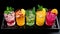A tray of colorful drinks on a black background, AI