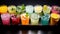 A tray of colorful drinks with different flavors, AI