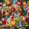 A tray of colorful, exotic cocktails with vibrant, fruity garnishes at a beach bar1