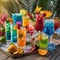 A tray of colorful, exotic cocktails with vibrant, fruity garnishes at a beach bar3