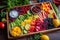 a tray of colorful fruits, vegetables, and spices for a deconstructed fruit salad