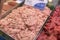 Tray of finest minced pork laid out on a butchers market stall i