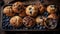 A tray of freshly baked muffins in flavors like blueberry chocolate chip and bran created with Generative AI