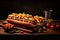 A tray with hotdogs on a wooden surface. Generative AI