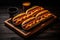 A tray with hotdogs on a wooden surface. Generative AI