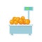 Tray with Oranges on Store Scales Vector.