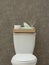 Tray with roll of paper, napkins and reed air freshener on toilet tank near grey wall