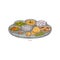 Tray with several different dishes - indian thali a vector sketch illustration