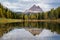 Tre Cime di Lavaredo peaks and Lake Antorno with sky reflection in calm water. Dolomites Alp Mountains, Belluno Province, Dolomiti