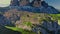 Tre Cime di lavaredo at sunrise, Dolomites, aerial view