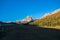 Tre Cime Three Peaks di Lavaredo seen from village of Misurina in autumn time, Dolomites., Italy.