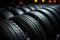 Tread array Closeup shot of bulk car tires in shop, displaying diversity