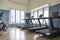 Treadmills set in gym interior. Fitness club with equipment.