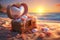 Treasure chest on the beach at sunset. Valentine\\\'s day concept.