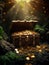 A treasure chest filled with gold coins is discovered in a mystical fairy forest cave, the scene painted in shades of