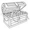 Treasure chest filled with gold treasure, gold coins, diamonds, pearls and jewelry. Vector black and white coloring page.