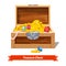 Treasure chest full of gold coins, crystal gems