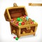 Treasure chest. Gems and gold coins. Vector icon