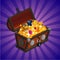 Treasure chest with gold. Game design element, cartoon style.