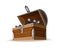 Treasure chest isometric cartoon. Wooden open box full of gold coins and jewels. Precious treasures, crystals, gems and