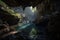 treasure hidden in the depths of a cave, surrounded by pools and streams