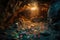 treasure hidden in remote cave, filled with coins, gems and jewels