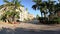 Treasure Island beach pan of luxury hotels and palm trees clear blue sky