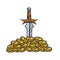 Treasure and a knight sword. A lot of gold coins and money.