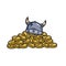 Treasure and knight Viking Helmet. A lot of gold coins and money. Reward in medieval adventure. Heroic concept. Cartoon