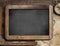 Treasure map, blackboard, old compass and ruler on