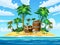 Treasure tropical Island, ancient pirate treasure chest, barrel, scull, exotic plants, palms, sea, ocean, clouds. Sea