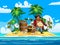 Treasure tropical Island, one-legged pirate, ancient pirate treasure chest, barrel, scull, exotic plants, palms, sea