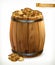Treasure. Wooden barrel with gold coins. 3d vector