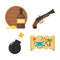 Treasures pirate adventures toy accessories icons vector set.