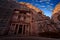 Treasury Al-Khazneh, stone rock historic sight in Petra. Travel Jordan, Arabia holiday. Evening light in nature, Jordan. Stone