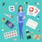 Treatment and medicine concept, doctor woman with clipboard, medical webicons pills, capsules, drugs