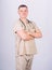 Treatment and prevention. Guy experienced doctor beige clothes on white background. Check health. Private clinic. Doctor