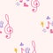 Treble clef, notes, heart, stars, abstract elements seamless pattern in pink, blue pastel colors. Music backdrop