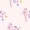 Treble clef, notes, heart, stars, abstract elements seamless pattern in pink, blue pastel colors. Music backdrop