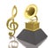 Treble clef sign and statuette of a golden gramophone 3d ilustration