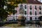 Trebon, South Bohemia, Czech Republic, 9 October 2021: Castle Courtyard, Renaissance chateau with sgraffito mural decorated